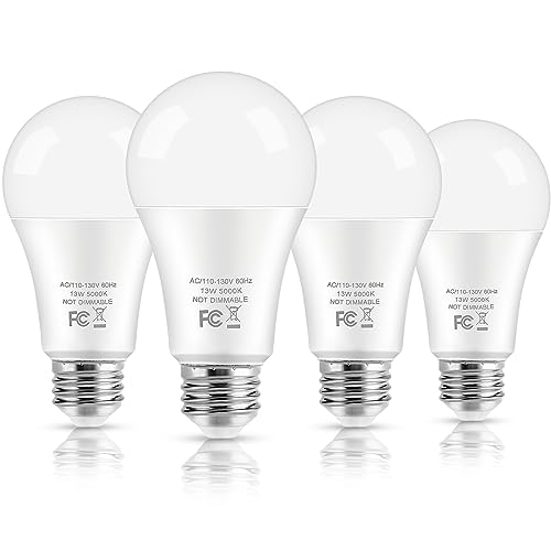 LED Light Bulbs, 100 Watt Equivalent A19, 13W 5000K Daylight White 1500 Lumens Non-Dimmable Bright E26 Edison Medium Screw Bulbs for Home Bedroom Kitchen Living Room Office Lamp, 4-Pack