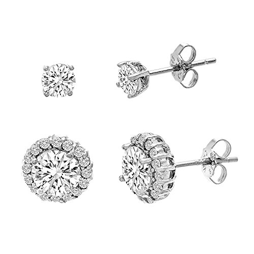 Lesa Michele Rhodium Plated 925 Sterling Silver 6-1/2 Cttw Cubic Zirconia Stud Earrings for Women 2 Pair Set
