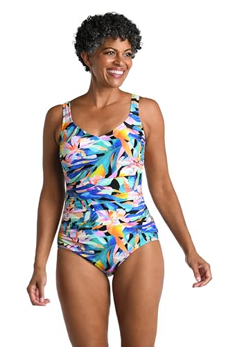 Maxine Of Hollywood Women's Standard Side Shirred Girl Leg One Piece Swimsuit, Multi//Sunset Isle, 12