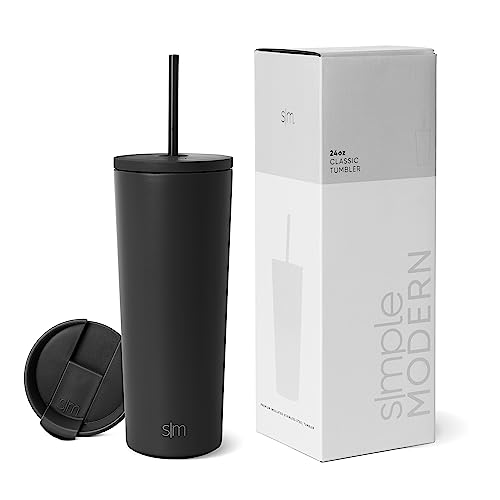 Simple Modern Insulated Tumbler with Lid and Straw | Iced Coffee Cup Reusable Stainless Steel Water Bottle Travel Mug | Gifts for Women Men Her Him | Classic Collection | 24oz | Midnight Black