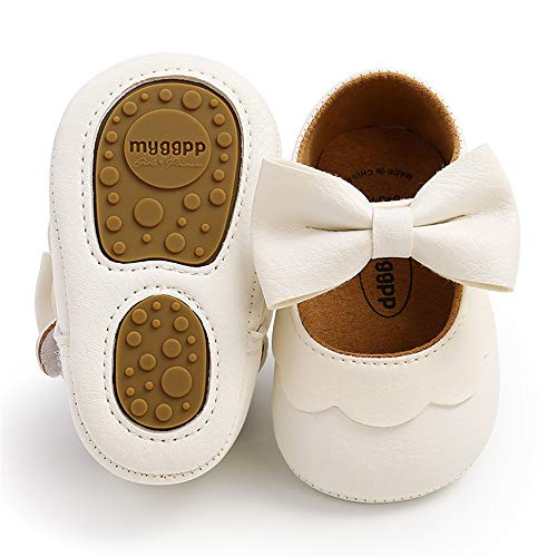 LAFEGEN Baby Girls Mary Jane Flats with Bownot Non Slip Soft Sole PU Leather Newborn Infant Toddler First Walker Cirb Dress Shoes, 0-6 Months Infant, 07 White