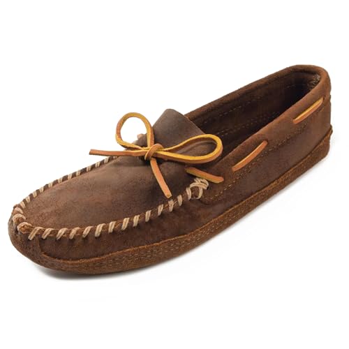 Minnetonka Men's Suede Moccasin Slippers, Double Bottom Softsole Slip-on, Brown Ruff 9 M