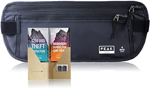 Peak Gear Travel Money Belt. Premium Quality Travel Wallet with RFID Blocking Fabric to Protect Credit Cards, Passports and Documents. Exclusive Theft Protection and 2 Recovery Tags | Regular | Black