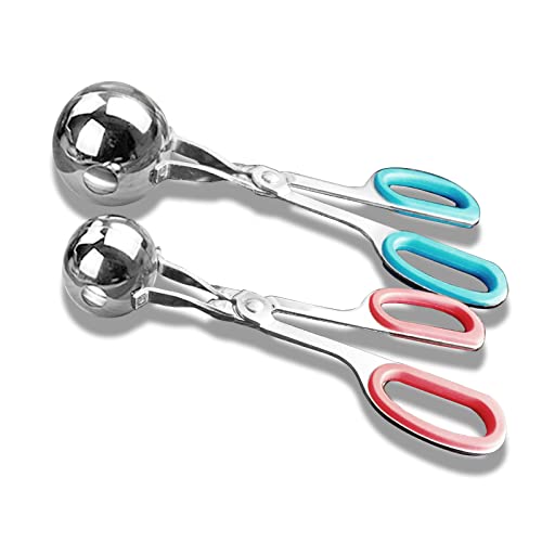 Meat Baller, 2 PCS None-Stick Meatball Maker with Detachable Anti-Slip Handles, Stainless Steel Meat Baller Tongs, Cake Pop, Ice Tongs, Cookie Dough Scoop for Kitchen (1.38'&1.78')