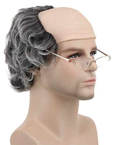 karlery Short Curly Fits Old Man Bald Cap Gray Mad Scientist Halloween Cosplay Wig Anime Costume Party Wig