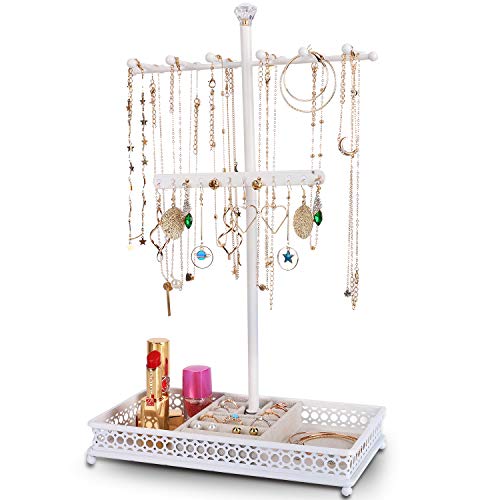 Meangood Jewelry Tree Stand Organizer 3in1 Necklace Organizer Display Bracelet Earrings and Ring Tray Jewelry Holder Hanger Metal（White）