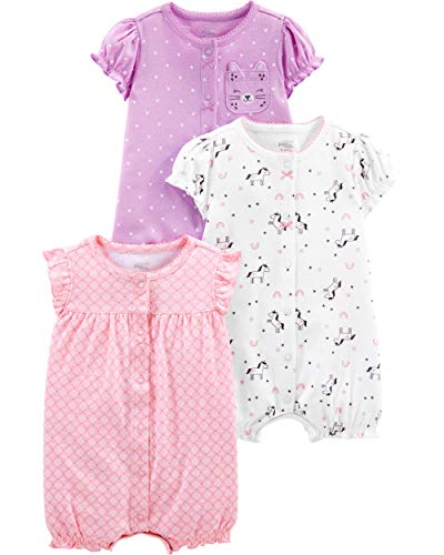 Simple Joys by Carter's Baby Girls' 3-Pack Snap-up Rompers, Light Pink/Lilac Dots/White Unicorn, 3-6 Months