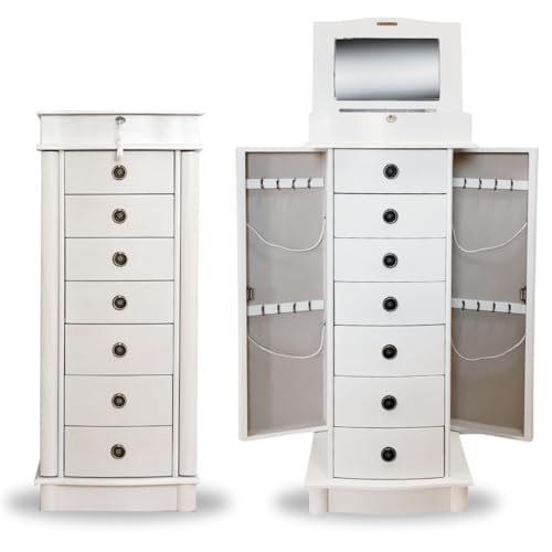 Alveare Home North Locking Storage Organizer with Seven Spacious Drawers Jewelry Armoire, White