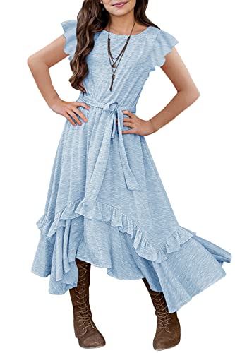 MITILLY Girls Summer Loose Plain Ruffle Sleeve A-Line Swing Casual Maxi Dress with Pockets for 12 Years Kids Light Blue