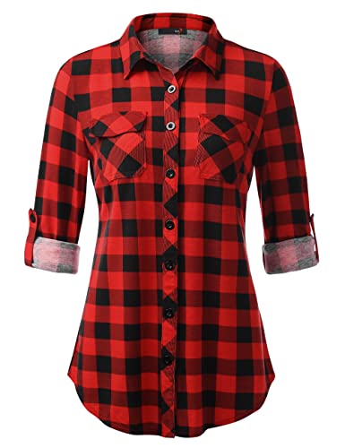DJT Women's Button Down Plaid Shirt Roll up Long Sleeve Tops Large Christmas Red Plaid