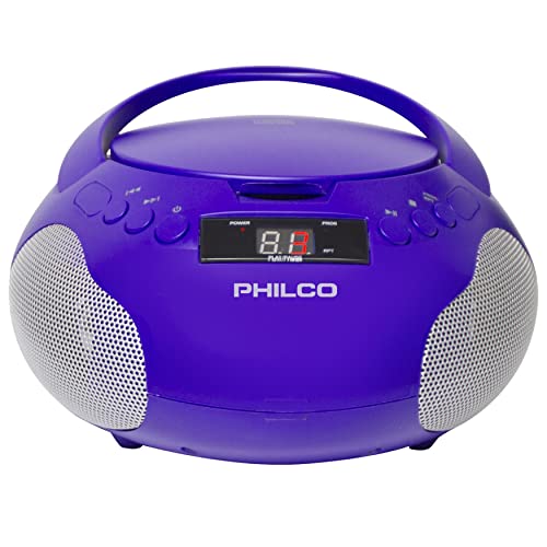 Philco Portable CD Player Boombox with Speakers and AM FM Radio | Purple Boom Box CD Player Compatible with CD-R/CD-RW and Audio CD | 3.5mm Aux Input | Stereo Sound | LED Display | AC/Battery Powered