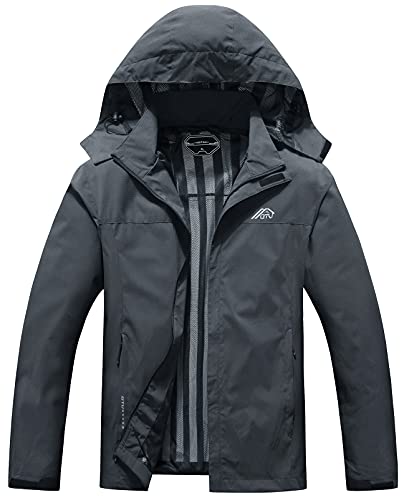 OTU Men's Lightweight Waterproof Hooded Rain Jacket Outdoor Raincoat Shell Jacket for Hiking Travel Darkgrey XL