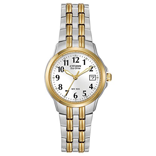 Citizen Women's Eco-Drive Dress Classic Two Tone Gold Stainless Steel Watch, Easy to Read, White Dial, 26mm (Model: EW1544-53A)