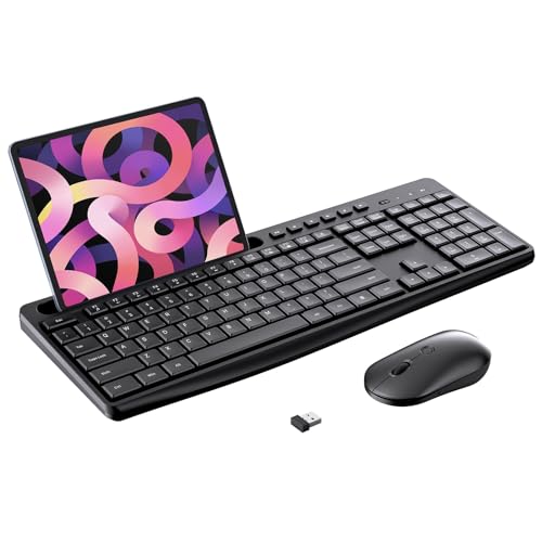 Wireless Keyboard and Mouse Combo, Acebaff 2.4G Full Size Ergonomic Computer Keyboard with Phone Tablet Holder &10 Independent Shortcuts,Silent Mouse with 3 DPI, Quiet Click, for Windows, MacBook