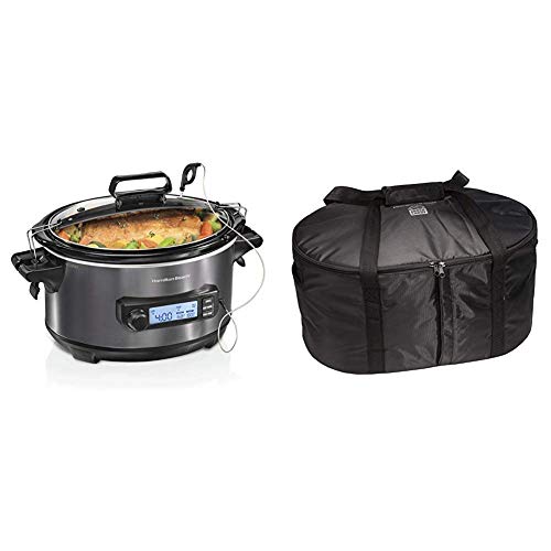 Hamilton Beach Portable 6-Quart Digital Programmable Slow Cooker With Temp Tracking Temperature Probe to Braise, (33866) and Hamilton Beach Travel Case & Carrier Insulated Bag (33002),Black