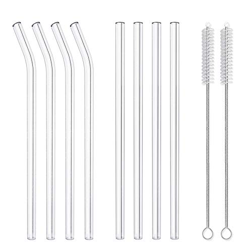 8 Pack Reusable Glass Drinking Straws - 10' x 10 mm - Smoothie Straws for Milkshakes, Frozen Drinks, Smoothies, Bubble Tea - Environmentally Friendly