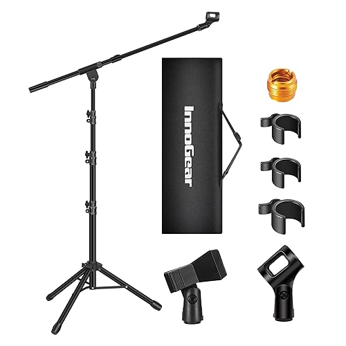 InnoGear Microphone Stand, Tripod Boom Arm Floor Mic Stand Height Adjustable Heavy Duty with Carrying Bag 2 Mic Clips 3/8' to 5/8' Adapter for Singing Podcast for Blue Yeti Shure SM58 SM48 Samson Q2U
