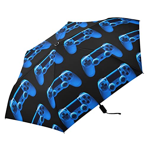 Oyihfvs Video Game Joystick Gamepad in Blue Neon Lights Isolated on Black Parasol Folding Umbrella, Reinforced Windproof Waterproof, Portable Compact Anti-UV Sun Rain Protection for Travel Outdoor