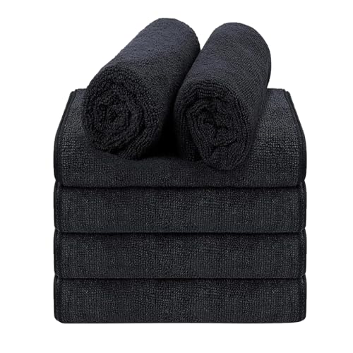 Puomue 6 Pack Black Salon Towels, Super Soft and Absorbent Microfiber Hair Towel for Salon, Bath, Spa, Pool and Home, 27 inch X 16 inch, Black