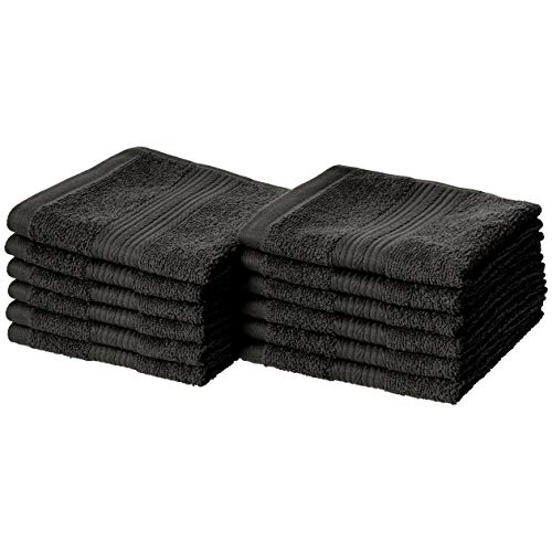 Amazon Basics Soft, Absorbent Fade Resistant Cotton Washcloths, 12-Pack, 12' L x 12' W, Black