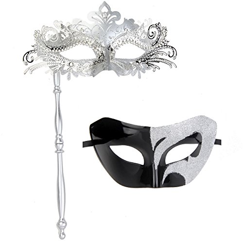 IETANG One Pair Couple's Gorgeous Venetian Masquerade Masks Party Costumes Accessory (on Stick-silver 1)