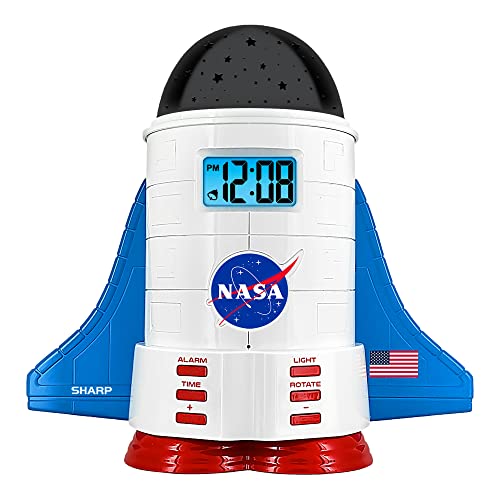 Sharp NASA Space Shuttle Night Light Alarm Clock – Wings and Booster Lights Up – Space Design Nightlight Fun with 4 Color Options and 2 Space Themes for Bedroom, Great Gift!