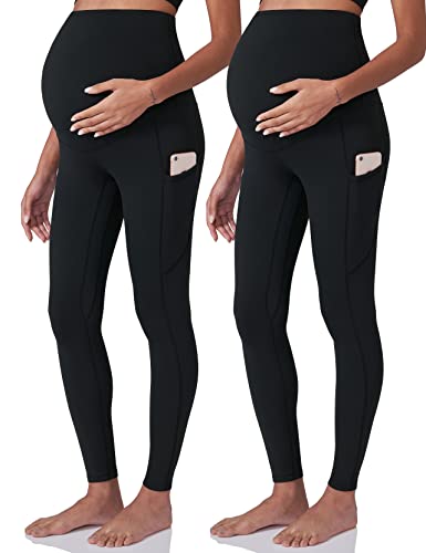 POSHDIVAH 2Pcs Women's Maternity Workout Leggings Over The Belly Pregnancy Yoga Pants with Pockets Soft Active Wear Work Pants Blacks Medium
