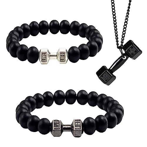 BAIJAHUXI Dumbell Bracelet, Weighted Bracelet For Men, Dumbbell Bracelet For Men, 8mm Volcanic Rock Bracelet Set Black Necklace