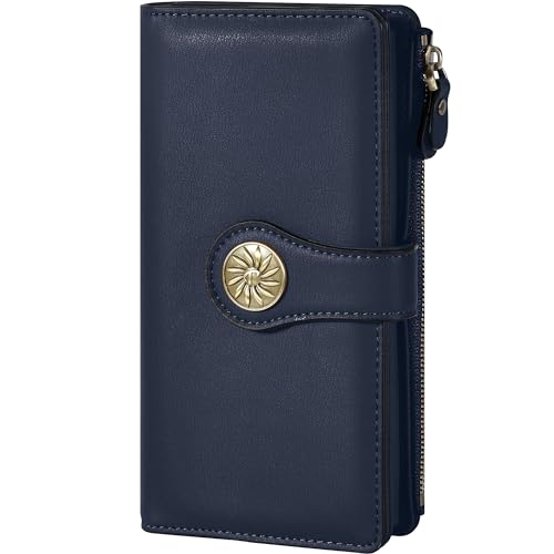 Travelambo Womens RFID Blocking Large Capacity Luxury Waxed Genuine Leather Clutch Wallet Multi Card Organizer (ReNapa Blue Navy)