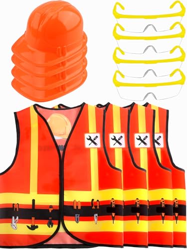 Puteraya 12 Pcs Kids Construction Worker Costume Dress Up include Construction Vest Hard Hat Goggles for Kids Halloween (Color Style 2)