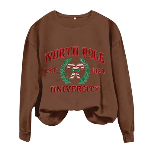 amazon october 2023 Sweatshirts for Women North Pole Est.1824 Printed Crewneck Long Sleeve Shirt Hoodie Pullover Tunic Tops (Coffee, S)