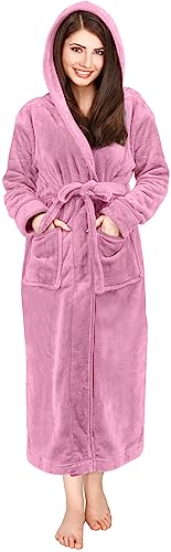 NY Threads Womens Fleece Hooded Bathrobe Plush Long Robe, Medium, Pink