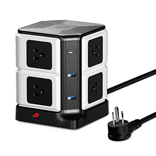 BESTEK Power Strip Tower with Wireless Charger & PD20W USB C, 8-Outlet and 3 USB Charging Ports 2100 Joules Surge Protector, 5 Feet Extension Cord, ETL Listed