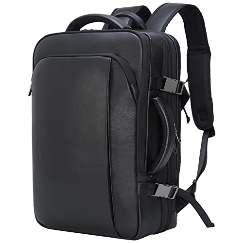 Masa Kawa Black Leather 15.6 Inch Laptop Backpack for Men Expandable 36L Business Travel Rucksack Carry On Personal Item Backpack Daypack Weekender Bag