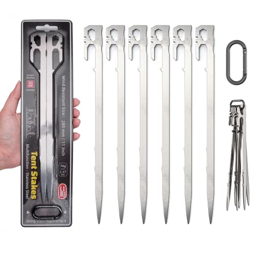 LI JIU Tent Stakes 11 inch 6-PCS Multifunctional - Stainless Steel Heavy Duty Metal Pegs, 2.47 oz Light Weight & Portable, Wind-Resistant Size, for Camping Backpacking Garden Hammocks and Canopy.