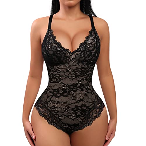 FeelinGirl Bodysuit for Women Tummy Control Lace Shapewear V-Neck Sleeveless Tops Backless Body Shaper Black Large