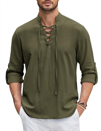 COOFANDY Men Linen Hippie Beach Shirt Summer Scottish Halloween Cosplay Jacobite Costume Army Green