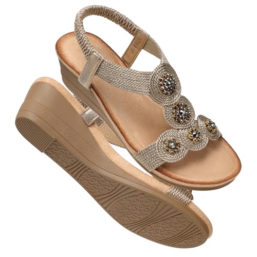 SHIBEVER Wedge Sandals for Women Low: Elastic Ankle Strap Open Toe - Dressy Bohemia Wedge Sandals - Comfortable Summer Champagne Size 8