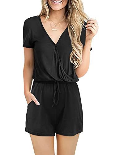 ANRABESS Rompers for Women 2024 Fashion Clothing for Beach Vacation Casual Vneck Wide Leg Jumpsuit Dressy One Piece Overalls Short Pants Cute Comfy Summer Jumpers Outfits with Pockets A205-heise-M