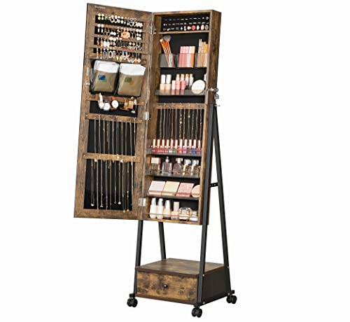 SONGMICS Jewelry Cabinet Floor Standing, Lockable Jewelry Organizer with High Full-Length Mirror, Bottom Drawer, Shelf, Wheels, Jewelry Armoire, Mother's Day gifts, Rustic Brown and Black
