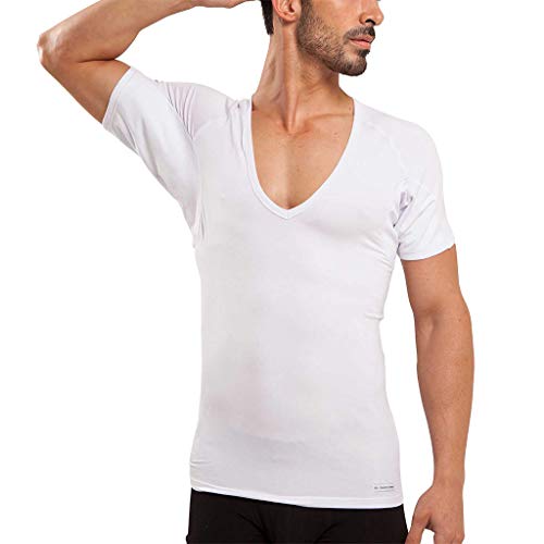 Ejis Men's Sweat Proof Undershirt, Deep V Neck, Anti-Odor, Micro Modal, Sweat Pads (X-Large, White)