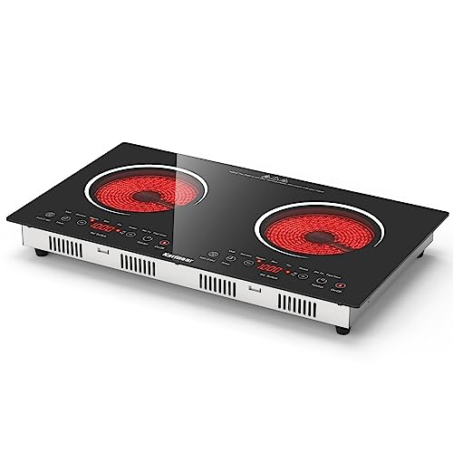 Karinear 2 Burners Electric Cooktop 24 Inch, 110v~120v Countertop and Built-in Elecric Stove Top, Portable Electric Radiant with Outlet Plug, Sensor Touch, Child Safety Lock, Timer
