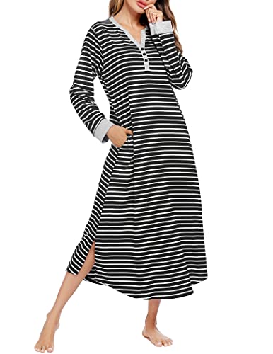 Ekouaer Womens Long Nightgown Striped Nightshirt Botton Down V-Neck Loungewear Casual Sleepwear with Pockets(Black White Striped, XX-Large)