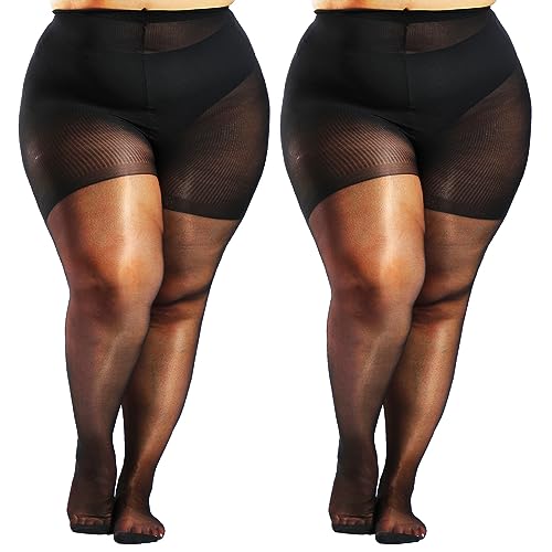 HONENNA 2 Pairs Plus Size Sheer Tights for Women, 17 Colors Ultra Thin Pantyhose Reinforced Toes High Waist Stockings, Black 2 Pairs 5XL-6XL