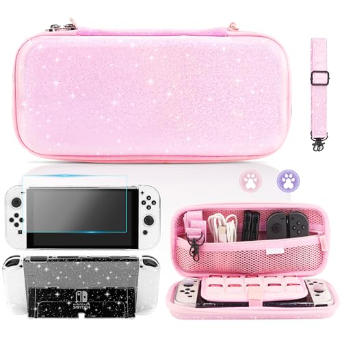 FUNDIARY Glitter Carrying Case for Nintendo Switch OLED, [Shockproof] Hard Travel Case Shell Pouch for Switch Console Joycon & Accessories, Protective Cover Compatible with Nintendo for Girls, Pink