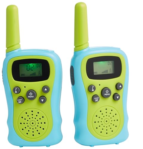 Amazon Basics Kids Walkie Talkie Set, Range Extending Set of 2, for Camping or Birthday Toys, Green and Blue