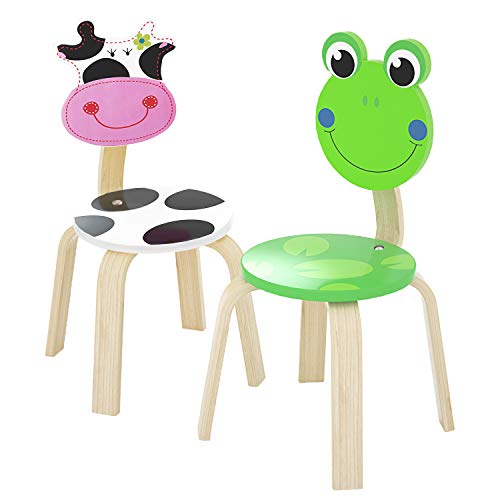 iPlay, iLearn 2 PCS Wooden Kids Chair Sets, Natural Hardwood Frog & Cow Animal Children Chairs, Furniture Set for Toddlers Kids Boys Girls, Stackable for Playroom, Nursery, Preschool, Kindergarten