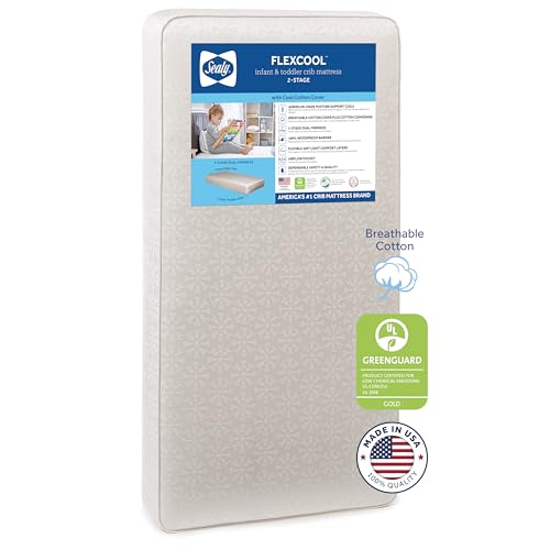 Sealy Flex Cool Breathable Hypoallergenic 2-Stage Dual Firm Waterproof Baby Crib Mattress & Toddler Bed Mattress, Cotton Cover, 204 Premium Coils, Air Quality Certified, Made in USA, 52'x28'