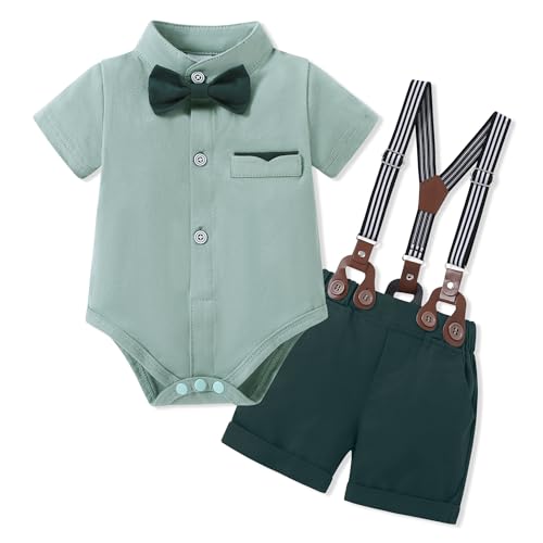 SOLOYEE Baby Boy Clothes Suits 3-18M Infant Gentleman Wedding Outfits, Short Sleeve Shirt+Bowtie+Beret+Suspender Shorts Set (Green,6-9 months)