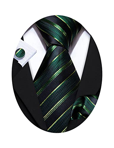 Barry.Wang Man Ties Set Silk Stripe Man Emerald Green Ties Handkerchief Cufflinks Business Wedding